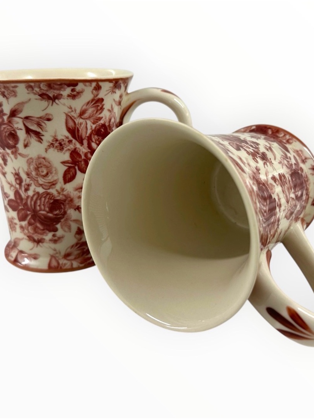 Harry & David Floral Toile Coffee Mugs Set of 2 Red Cream Ceramic China - Picture 10 of 11